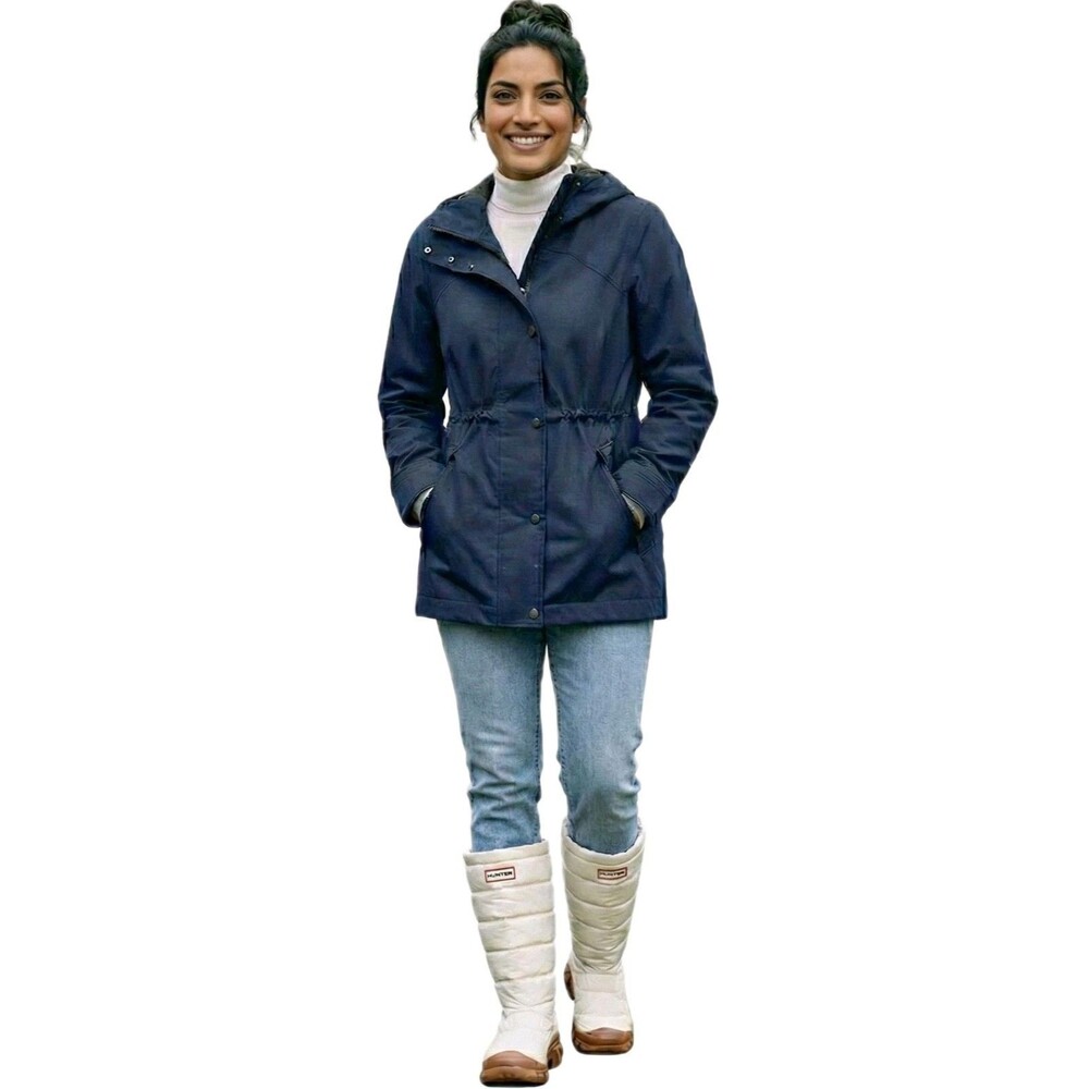 Hunter Womens L Rubberized Cotton Smock Hooded Water Resistant Jacket Navy Blue